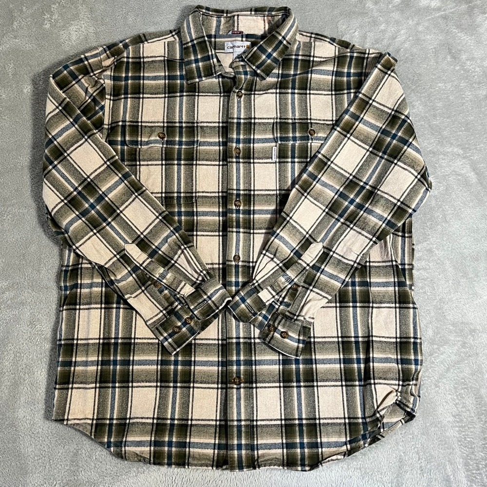 Carhartt Mens XL Original Fit Flannel Shirt Plaid Beige Green Blue Long Sleeve